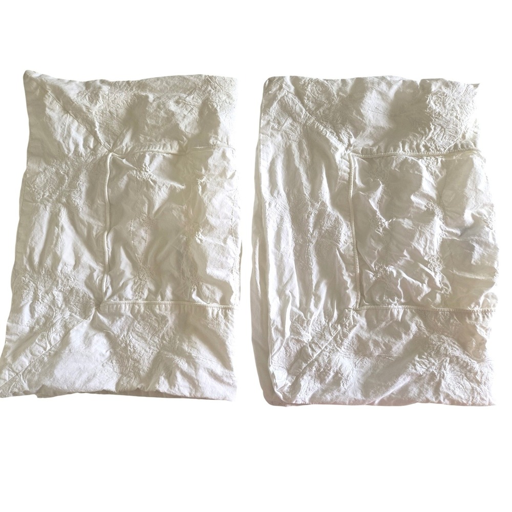 Simply Shabby Chic White Embroidered Cotton 2 Pillow Cases Shams Floral Tufted